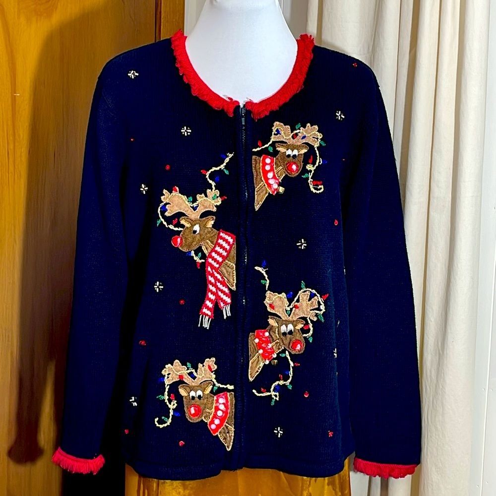 Vintage Christmas Reindeer Sweater Party Embellished Zip Front Cardigan Size S